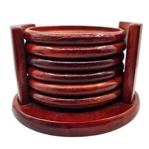 Kamenstein Wood Coaster Set of 6 with Holder Red Brown Concentric Ring Design